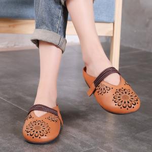 S066 Boutique retro hand-carved hollow women's shoes, leather feet, velcro, flat