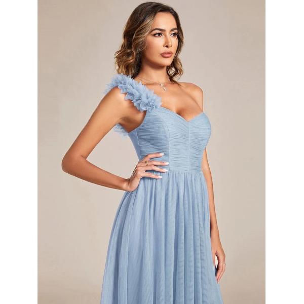 Exquisite One-shoulder Sweetheart Ruffled A-line Zipper Pleated High Slit Light Blue Tulle Homecoming Dress