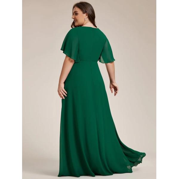 Empire Plus Size Applique Short Sleeve A-line V-neck Flutter Sleeves Invisible Zipper Dark Green Chiffon Bridesmaid Dres