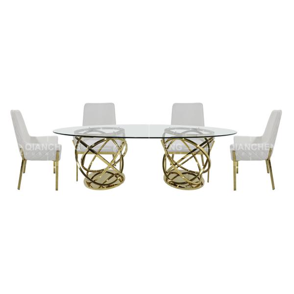 Oval Shape Tempered Glass Dining Table 240x120x75cm White Reeded Pillar