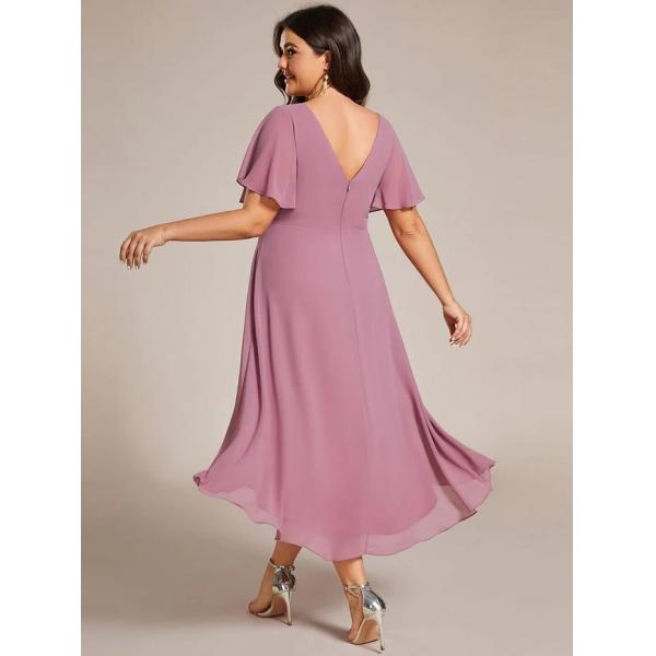 Chic V-neck High-low Short Flutter Sleeves A-line Ruffles Midi Invisible Zipper Purple Orchid Chiffon Cocktail Dress