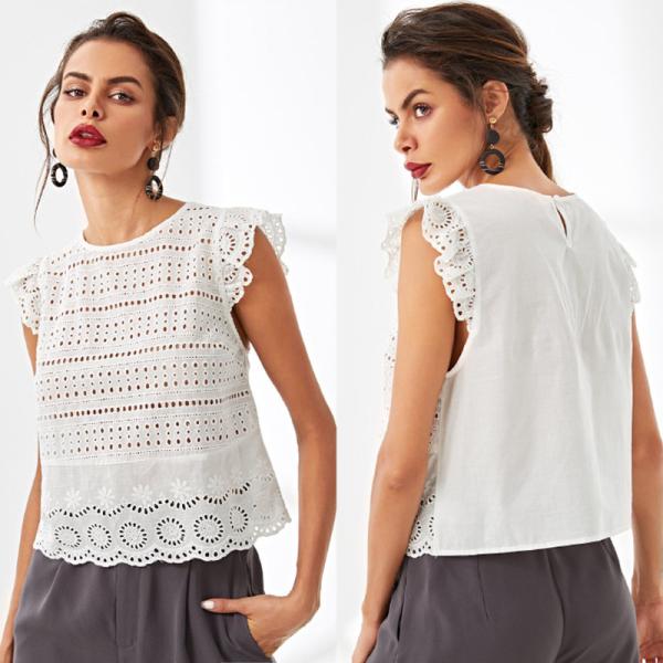 Buy Summer latest women white blouse styles with petal sleeve at wholesale prices