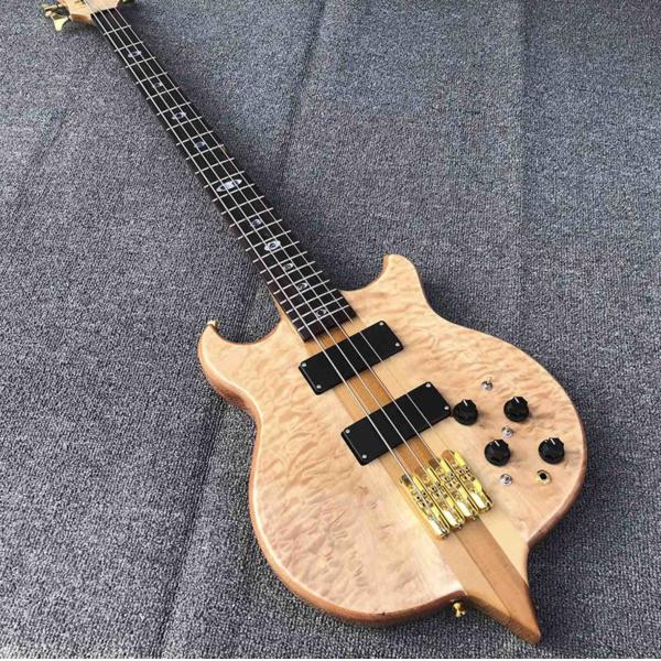 High Grade 4 String Electric Bass Neck Through Body Log Color Paint Gold Fittings Corrugated Maple Veneer
