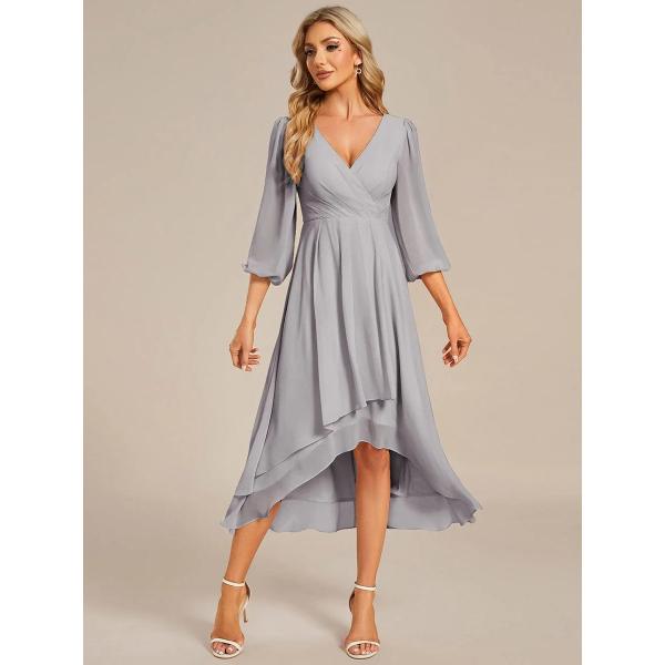 Elegant Empire Long Sleeve V-neck High Low A-line Ruffled Midi Grey Chiffon Wedding Guest Graduation Dress