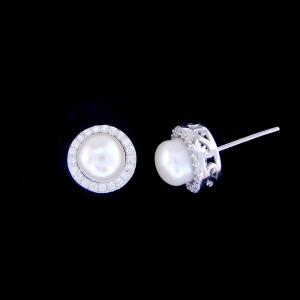 Personalized Silver Pearl Earrings / Hollow Style Round Pearl Stud Earrings