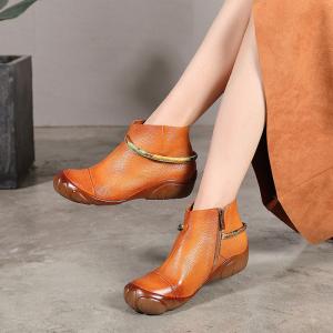 S314 Autumn/Winter Retro Literary Leather Short Boots Ethnic Style Flat Round