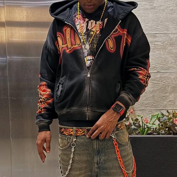 Custom Hiphop Streetwear Vintage Acid Wash Hoodies French Terry Zip up Hoodies Screen Printing Rhinestone Men's Cropped Hoodie