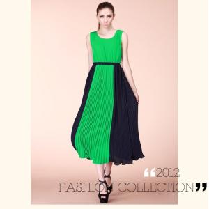 Contract Pleated Ankle Maxi Dress , Yellow Long Scoop A-line