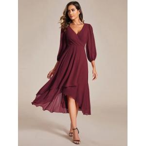 Elegant Empire Long Sleeve V-neck High Low A-line Ruffled Midi Burgundy Chiffon