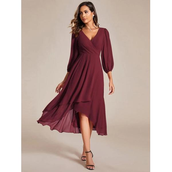 Elegant Empire Long Sleeve V-neck High Low A-line Ruffled Midi Burgundy Chiffon