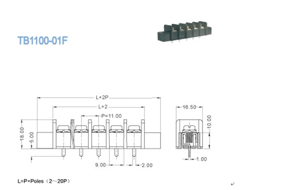 Barrier Terminal block Pitch 11.00mm 300V 30A 2 - 20P power terminal block