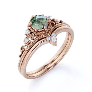 Large Hexagon Moss Agate Statement Wedding Cluster Ring Set