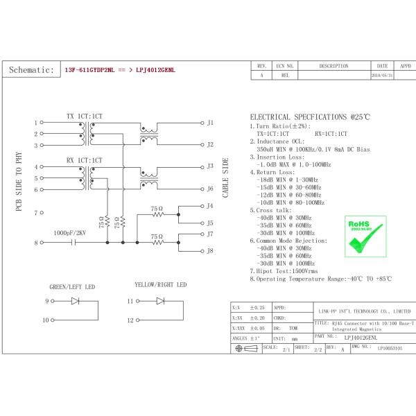 13F-611GYDP2NL MAGNETIC RJ45 JACK 10/100 BASE-T WITH MAGNETIC MODULE SMARTHOME