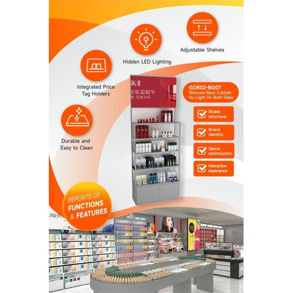 GDR02-BG07 No Light Skincare Display Cabinet with Multi-Purpose Storage and Modern Style for Department Stores