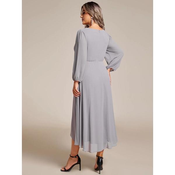 Elegant Empire Long Sleeve V-neck High Low A-line Ruffled Midi Grey Chiffon Wedding Guest Graduation Dress