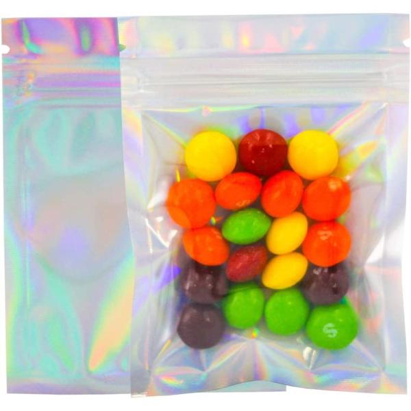 Buy Custom Design Holographic Rainbow Clear Zipper Plastic Three Side Packaging Bag at wholesale prices