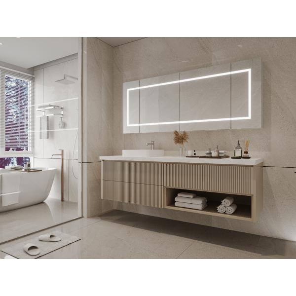 Close-up view of bathroom vanity cabinet doors and handles