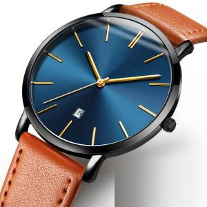 Ultra Thin Quartz Dress Watch Leather Simple Large Dial for Business Men