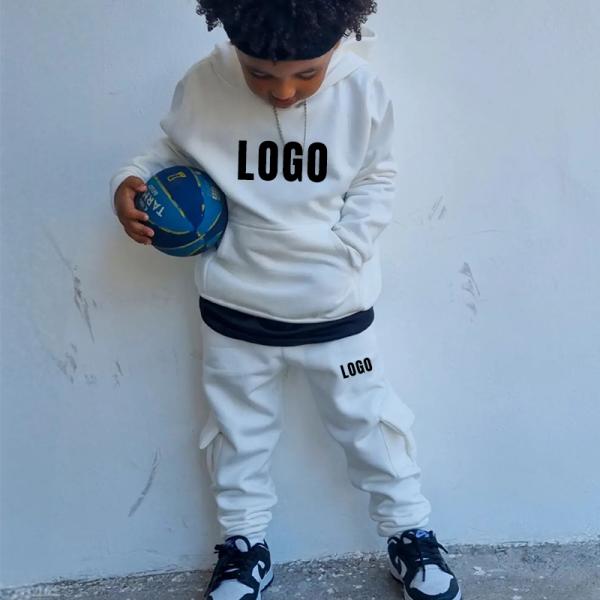Custom Logo Puff Print Boys Clothing Set 100% Cotton Casual Kids Hoodie Jogging Suit Tracktop Stacked Sweatpants 2 Piece Baby
