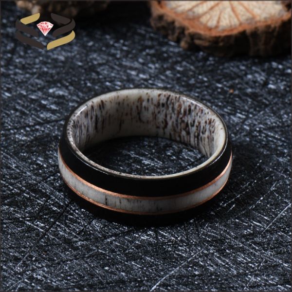 8mm Nature Deer Antler Ring with African Ebony Wood and Rose Gold Circle Inlay Wedding Band Plating N/A