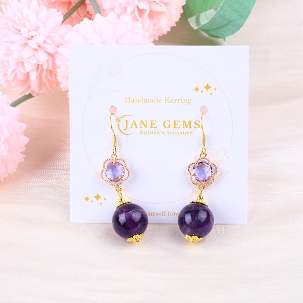 Handmade Amethyst Natural Crystal 14MM Big Round Shape Beaded Short Dangle Earring For Jewelry Gift