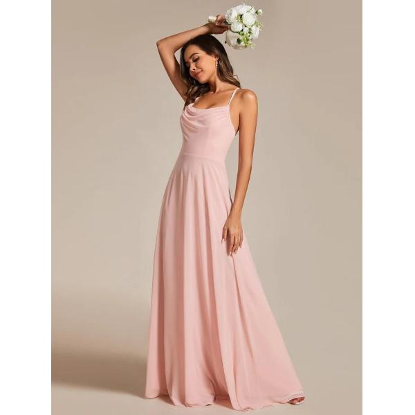 Boat Neck Empire A-line Ruffled Adjustable Spaghetti Strap Zipper Pink Chiffon Graduation Dress
