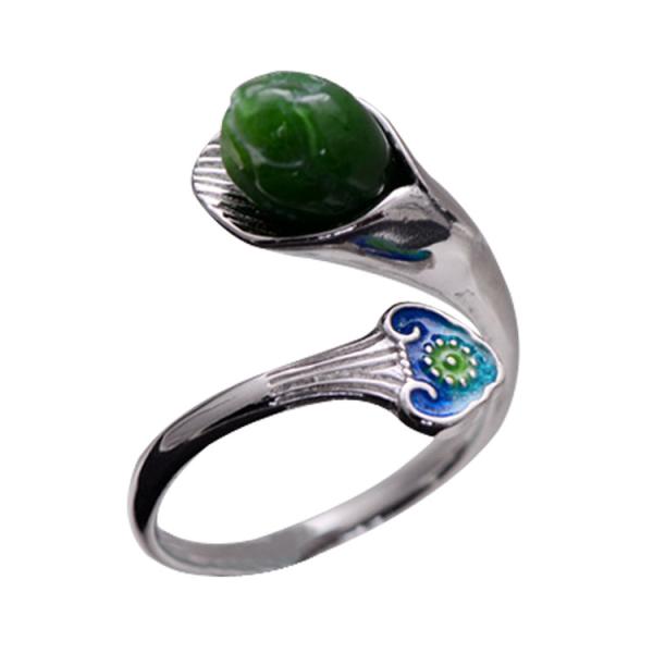Buy 925 Sterling Silver Enamel Natural Jade Ring Open Adjustable Size (059850) at wholesale prices