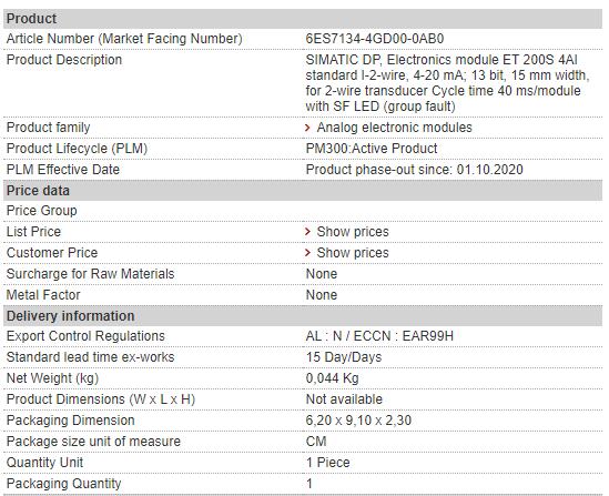 6ES7134-4GD00-0AB0 6ES7 134-4GD00-0AB0 Siemens Analog Input Module