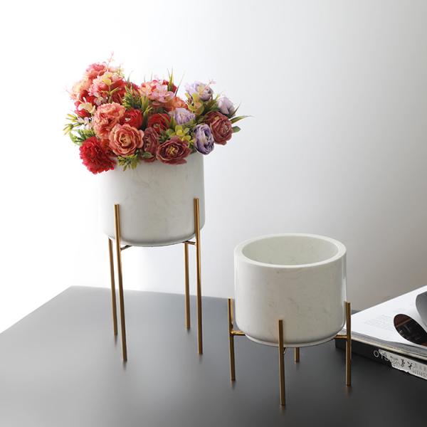 Buy White marble ceramic decorative flower planter pots White Marble and Brass Gold Stand at wholesale prices
