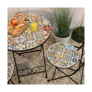 Quality AJUNION 3pcs Outdoor Bistro Metal Table Chair Set Antique Mosaic Ceramic for Garden for sale
