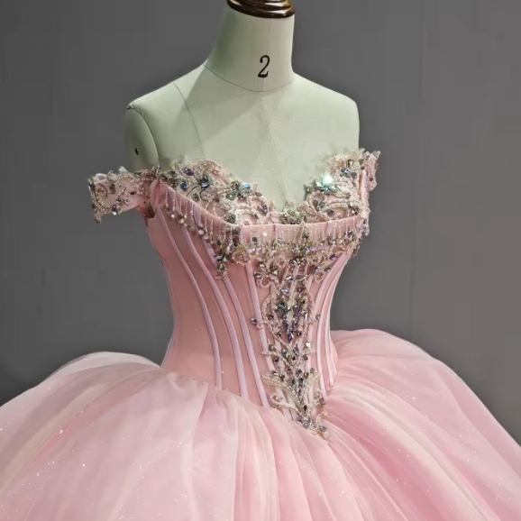 Beautiful Sweetheart Neck Off-the-shoulder Beaded Appliqued Ball Gown Party Girl 12 Years Pink Organza Quinceanera Dress