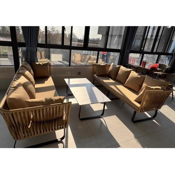 Outdoor Sofa Rattan Woven Patio Garden Furniture Weatherproof Sun / Rain Lounge Chair Balcony Relaxation Set with Coffee Table