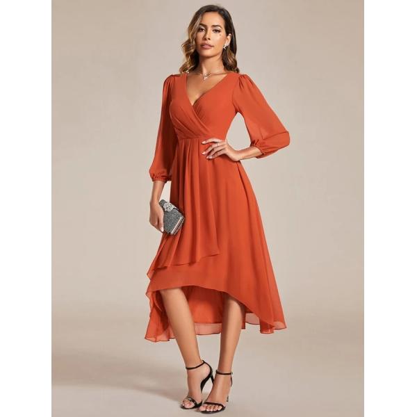 Elegant Empire Long Sleeve V-neck High Low A-line Ruffled Midi Burnt Orange Chiffon Wedding Guest Cocktail Dress