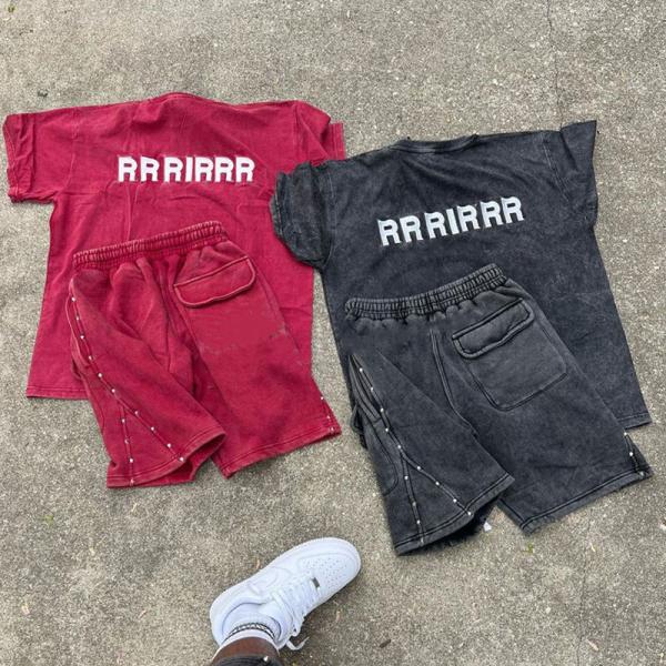 Custom Summer Casual Acid Wash T Shirts and Cargo Sweatsuit Tracksuit Vintage Applique Embroidered Shirt and Shorts Set for Men