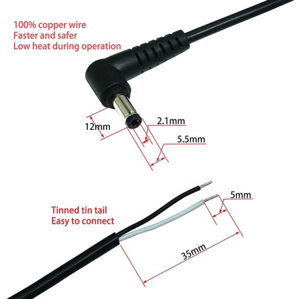 CUSTOM 90 Degree Right Angel DC Barrel Jack Male Female to Open Pigtail DC Power Charger Cable