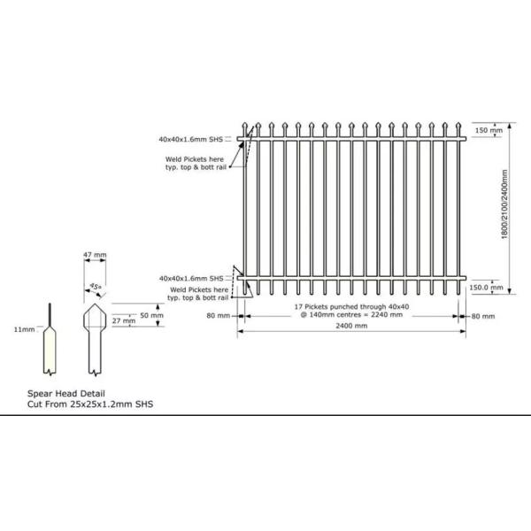 Stain Black Garrison Security Fencing Panels Australia Sydney Standard 2100mmx2400mm Width Rail 40mm /45mm Crimped Spear