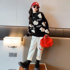 Quality Thickened Childrens Spring Clothes Embroidery Craft Bear Sweater And Jogger for sale