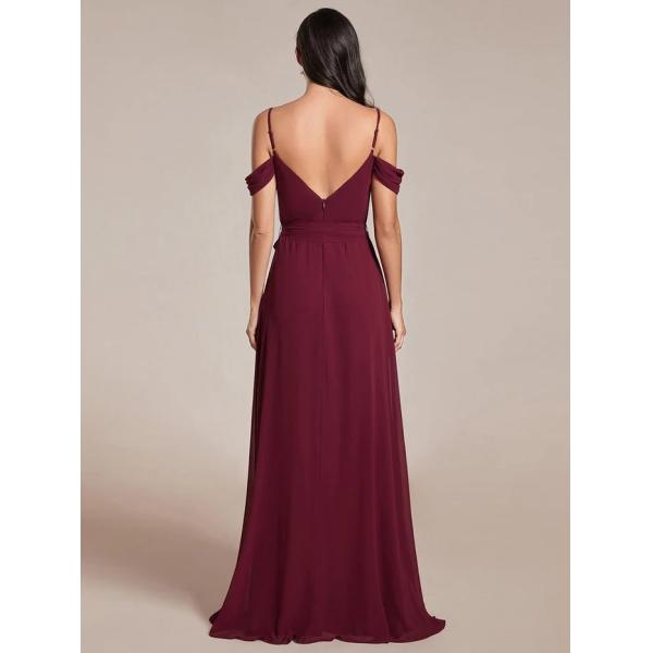 Plus Size A-line Ruffled V-neck Spaghetti Strap High Slit Mint Green Chiffon Bridesmaid Dress