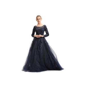 Quality Fashion Dark Blue Tulle Fabric Ladies Evening Dresses / Formal Party Gowns for sale