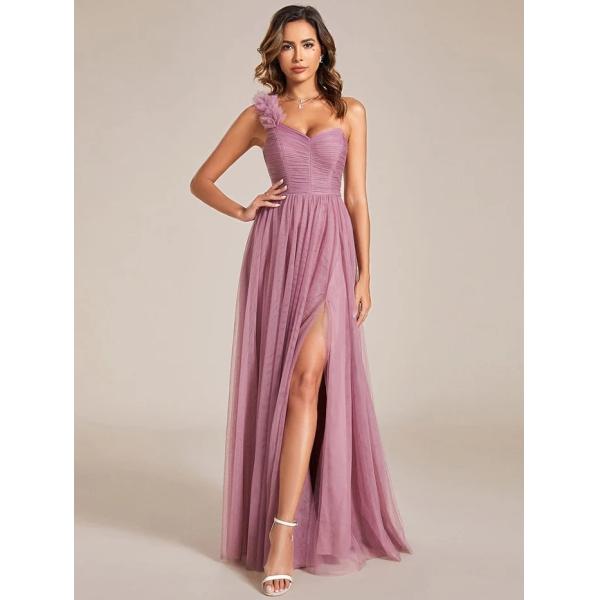 Exquisite One-shoulder Sweetheart Ruffled A-line Zipper Pleated High Slit Purple Orchid Tulle Evening Dress