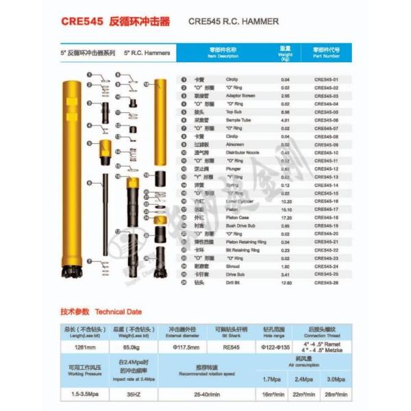Atlas Copco / Robit Super Diamond (Earth Boring Tools Rock drilling) Hammer Assembly (RE545) Reverse Circulation Hammer