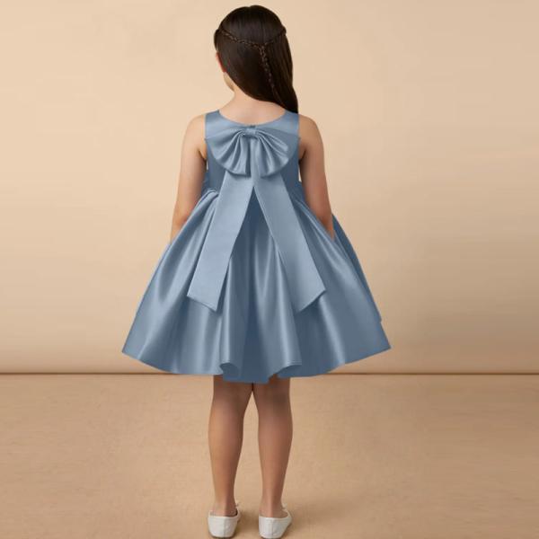 Wholesale Girl Kids Dress Blue Satin OEM ODM Baby Flower Girl Dresses Clothing Custom-made Size Knee-length Ruffles Ball