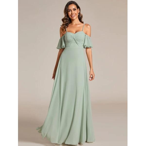 Empire A-line Ruffled Off-shoulder Spaghetti Strap Criss-cross Ruffles Sleeve Mint Green Chiffon Bridesmaid Dresses