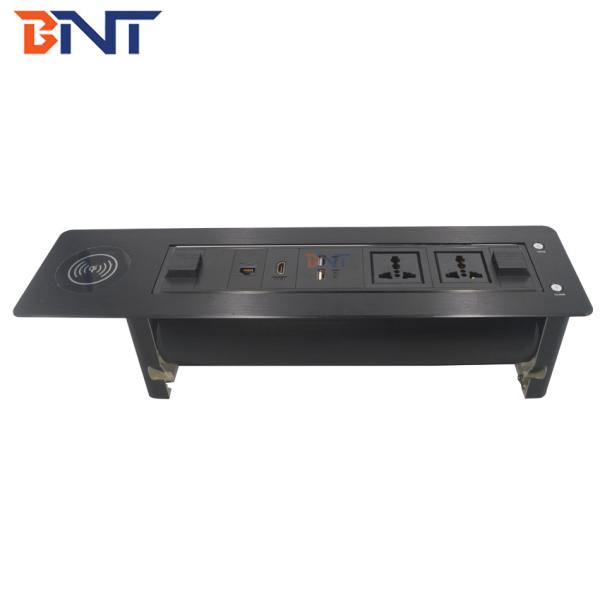 black rotation with wireless charger motrorized electric table flip up media socket