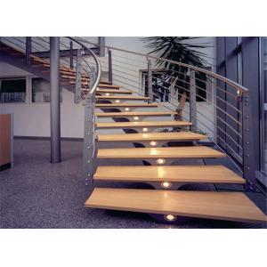 Apartment Building Curved Stairs Wood Tread Stainless Steel Railing Syestem