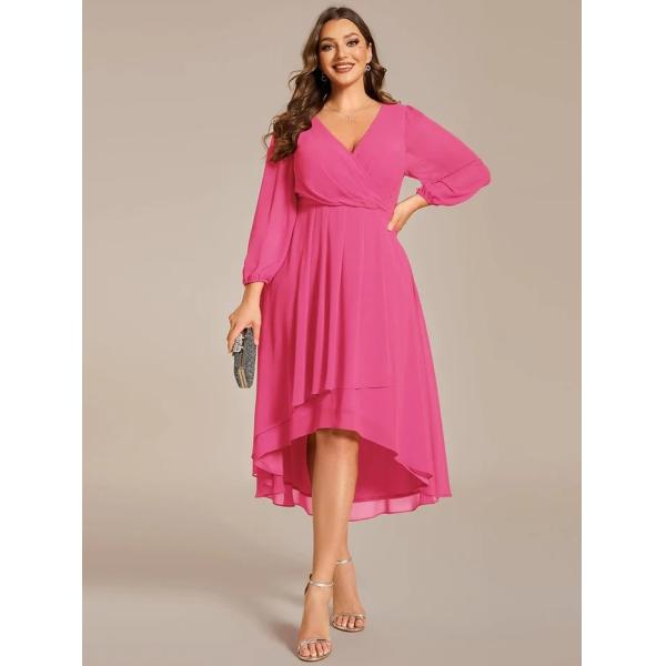 Plus Size Ruffled A-line Long Sleeve V-neck High Low Wedding Guest Hot Pink Chiffon Homecoming Dress