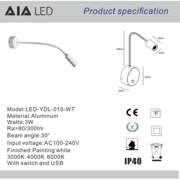 IP40 wall mounted bedside wall light USB 3W hotel &flexible snake led reading light for villa decoration
