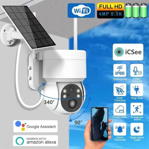 5W Solar Panel 4MP WiFi Solar CCTV PTZ Camera Outdoor ICSee 2K Wireless Solar Security WiFi Battery Power Network Camera