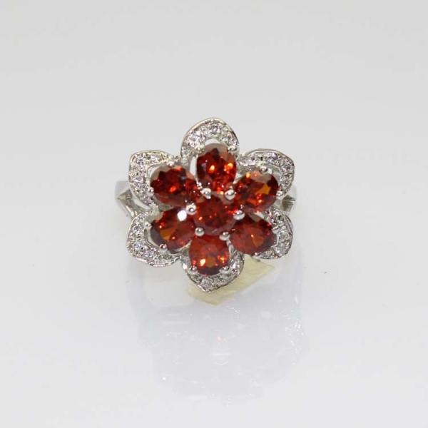 Whtie Gold Plated 925 Silver Red Cubic Zircon Flower Gemstone Ring (R223)
