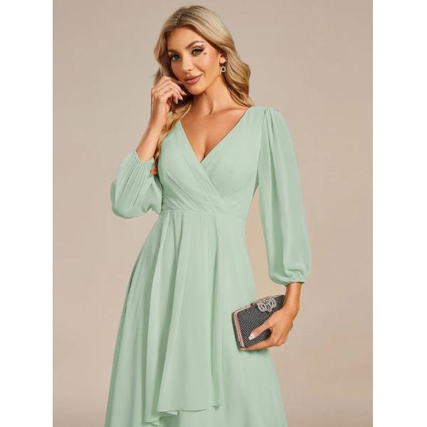 Elegant Empire Long Sleeve V-neck High Low A-line Ruffled Midi Mint Green Chiffon Wedding Guest Evening Dress